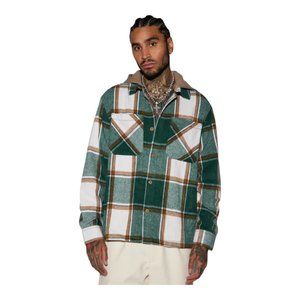 Stacking Hooded Flannel Shacket Jacket Green Combo Men's